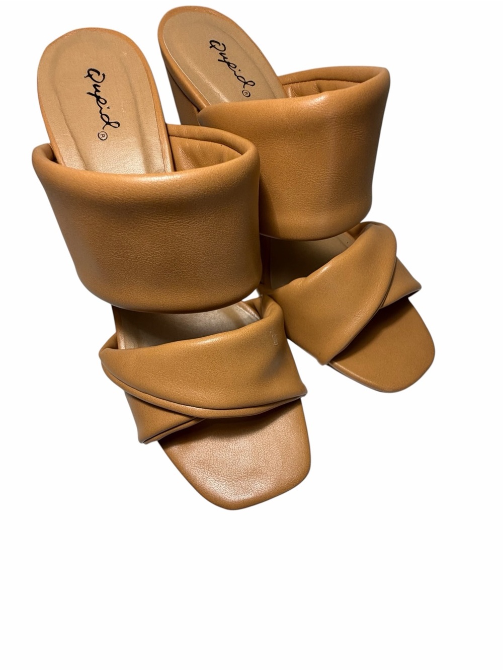 Qupid Burlwood Tan Crisscross Block Heel Mule 8.5